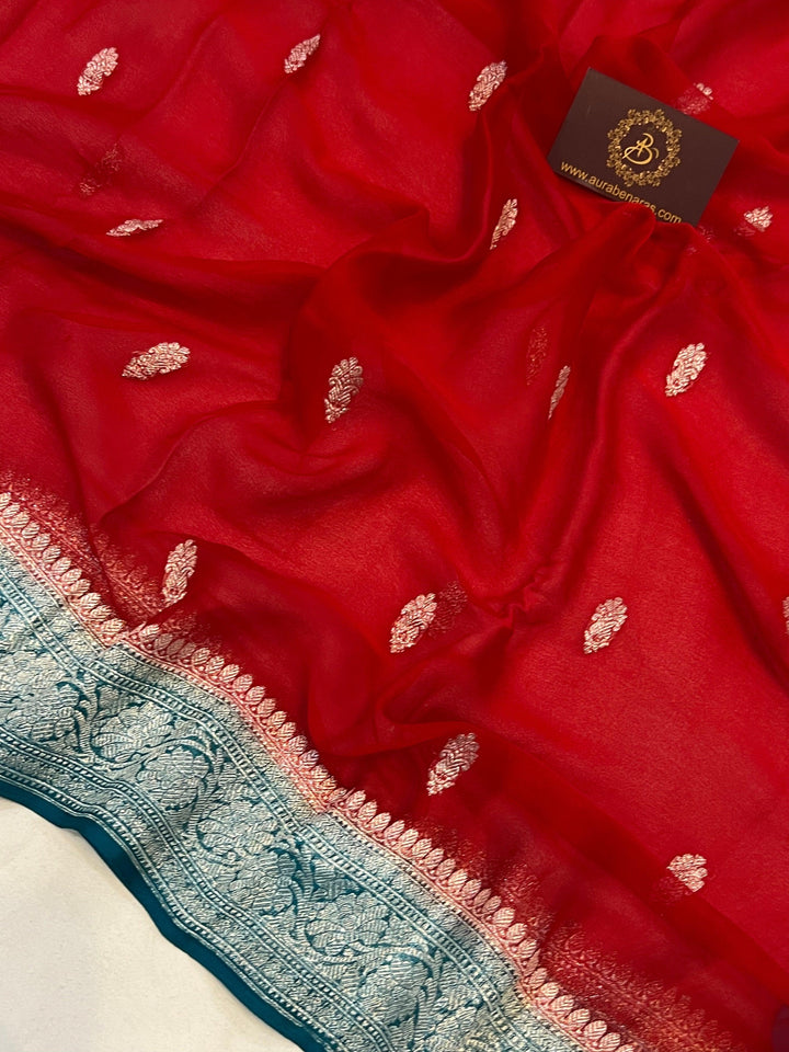 Red Khaddi Chiffon Banarasi Handloom Saree - Aura Benaras