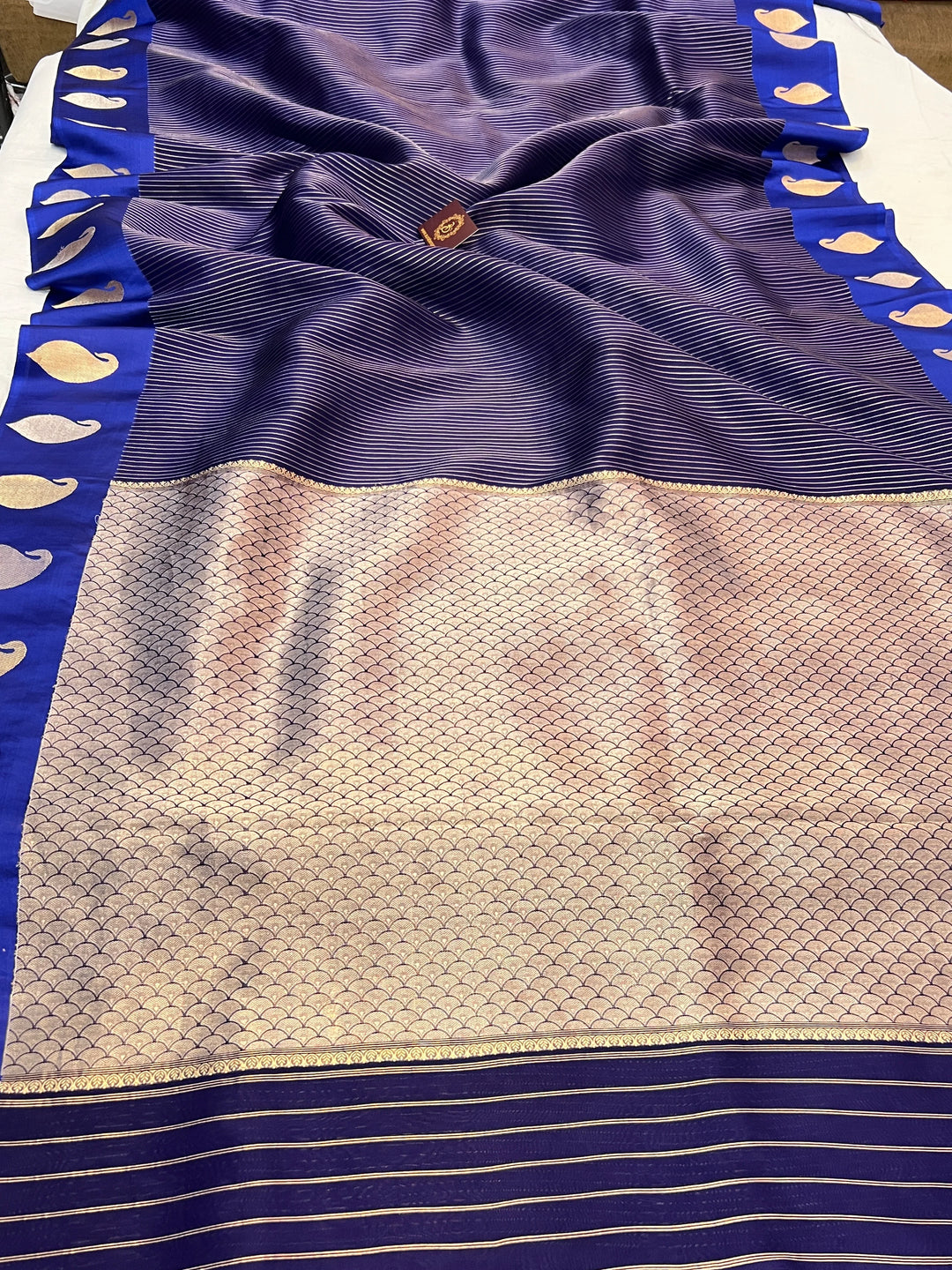 Navy Blue Kora Silk Banarasi Saree with Mashru Border