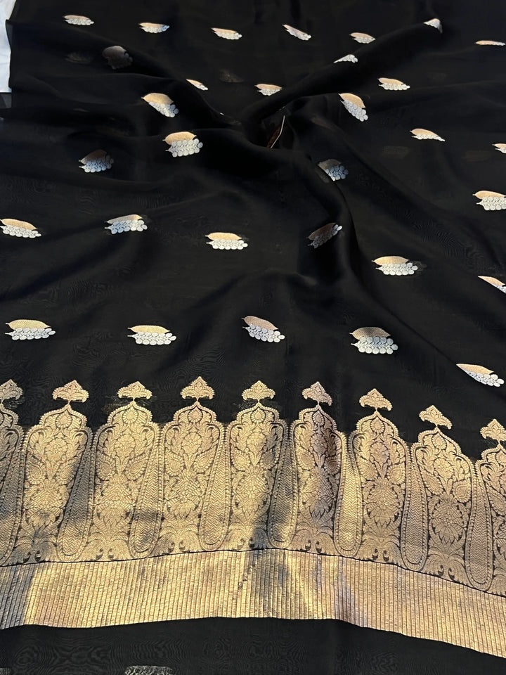 Black Pure Kora Silk Handloom Banarasi Saree