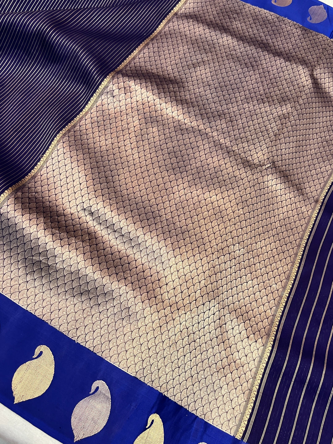 Navy Blue Kora Silk Banarasi Saree with Mashru Border