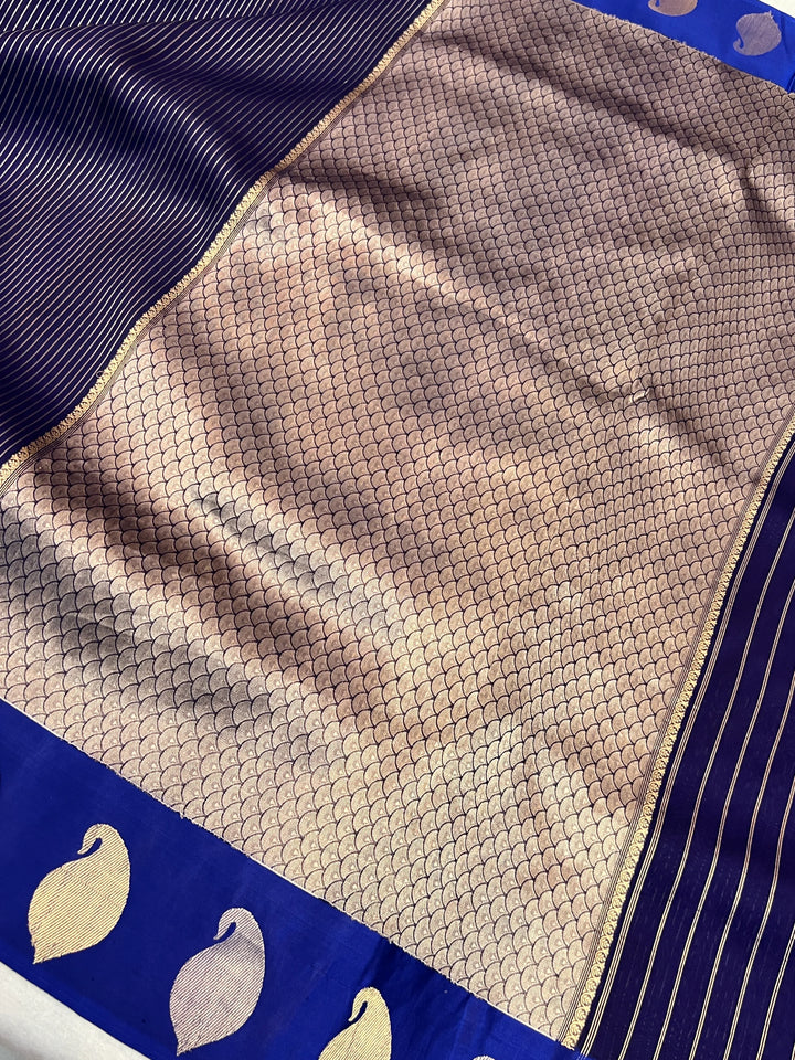 Navy Blue Kora Silk Banarasi Saree with Mashru Border