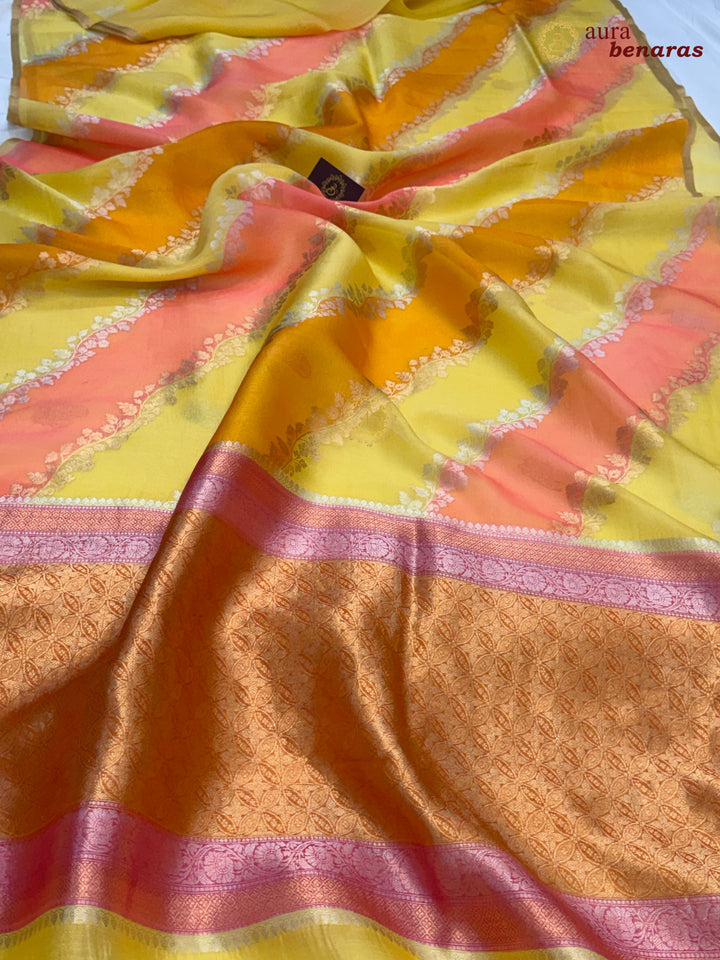 Yellow and Orange Rangkaat Banarasi Handloom Kora Silk Saree 