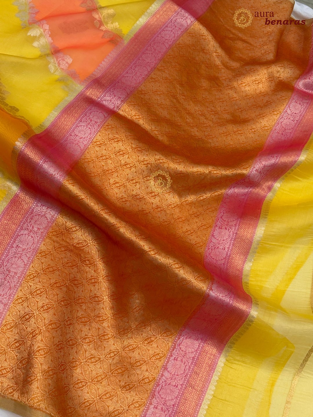 Yellow and Orange Rangkaat Banarasi Handloom Kora Silk Saree 