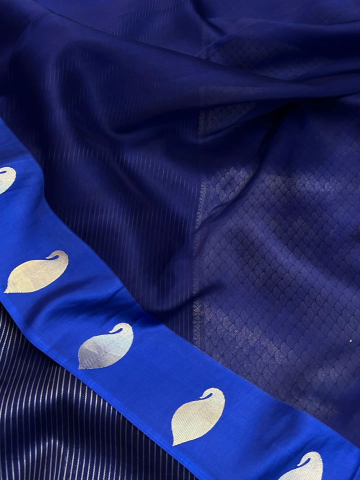 Navy Blue Kora Silk Banarasi Saree with Mashru Border