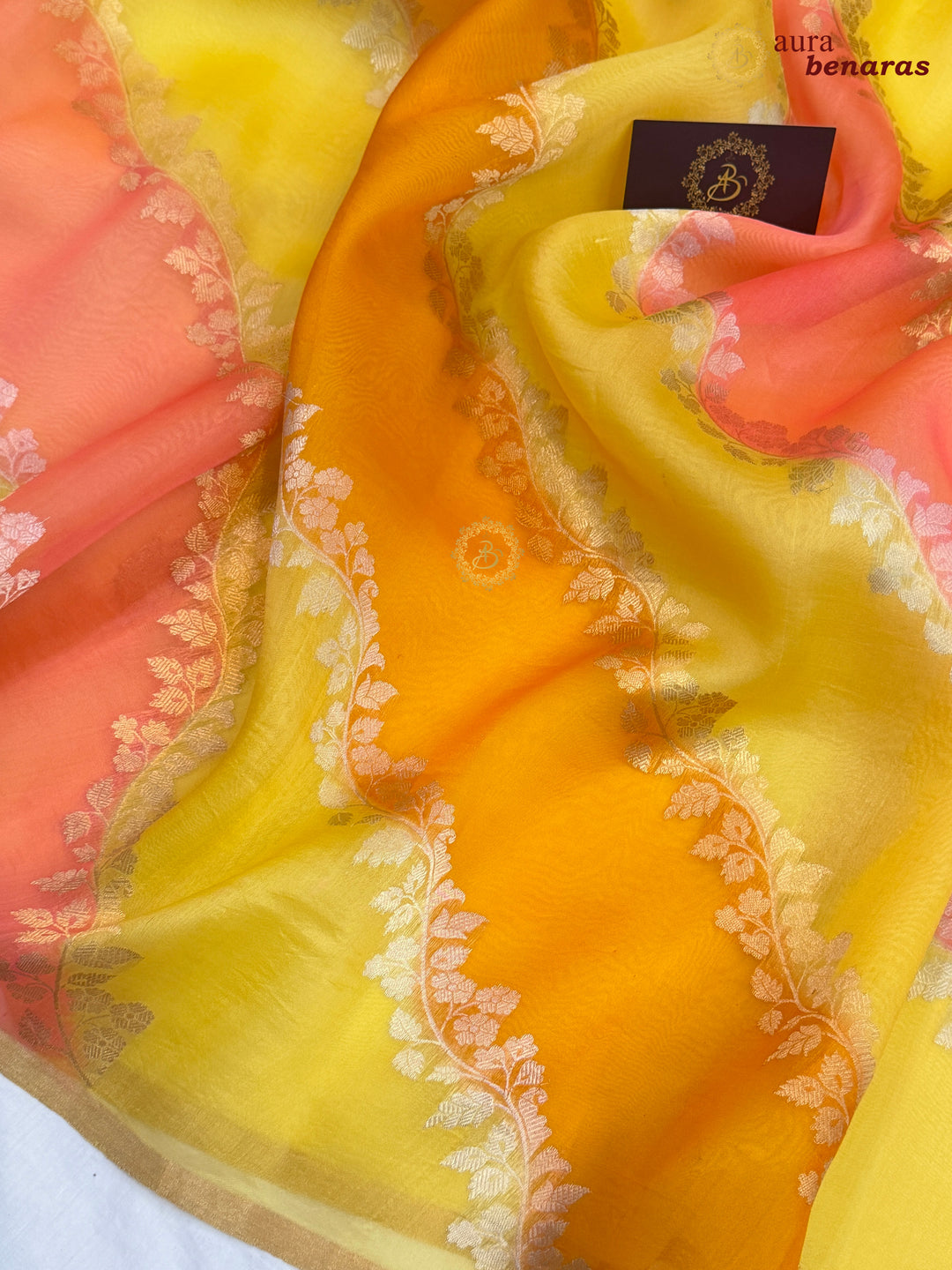 Yellow and Orange Rangkaat Banarasi Handloom Kora Silk Saree 