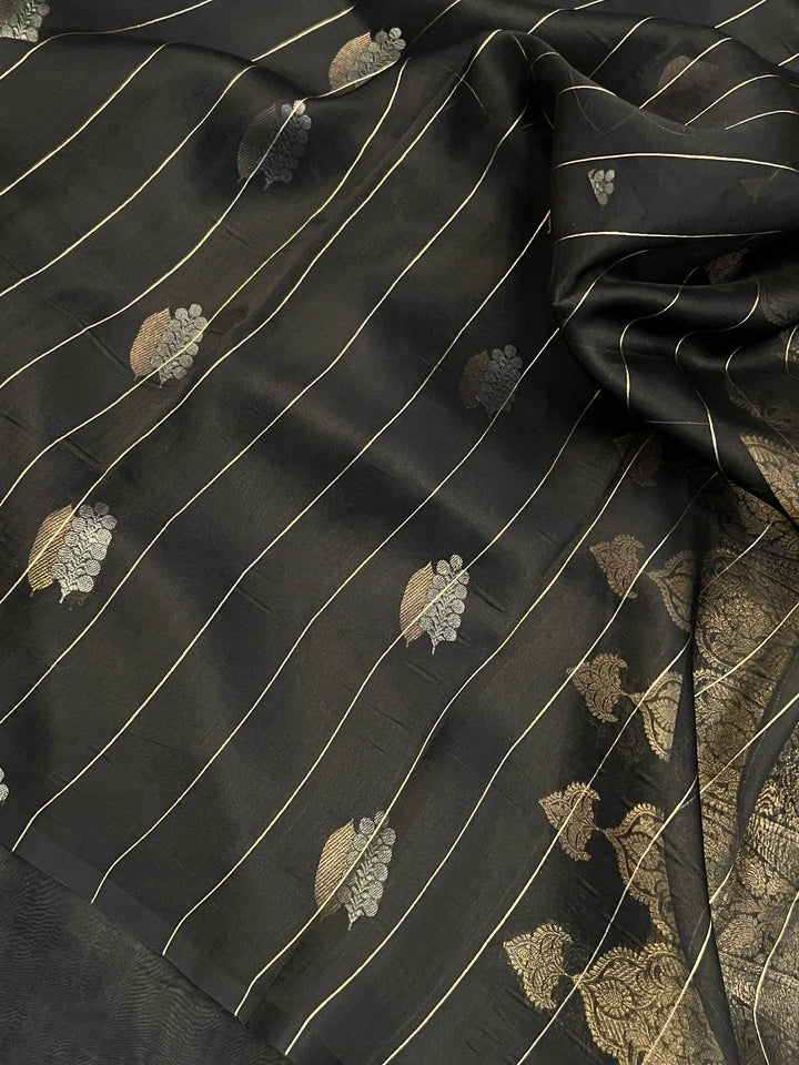 Black Pure Kora Silk Handloom Banarasi Saree