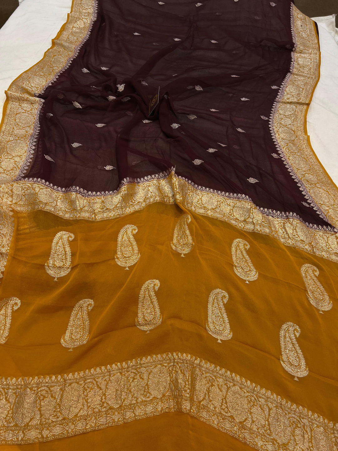 Coffee Brown Khaddi Chiffon Banarasi Handloom Saree - Aura Benaras