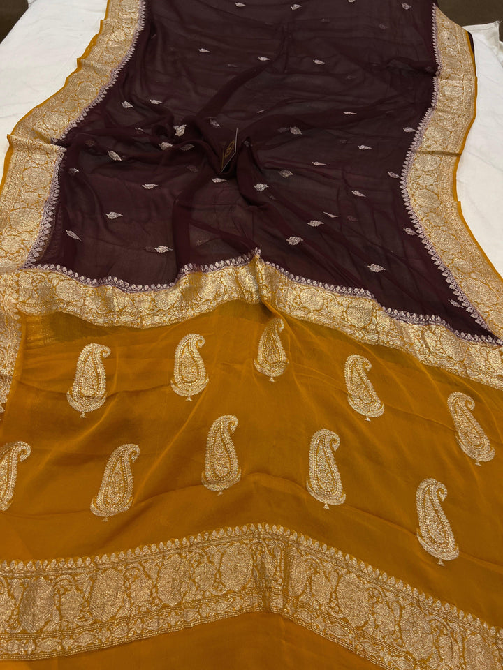 Coffee Brown Khaddi Chiffon Banarasi Handloom Saree - Aura Benaras