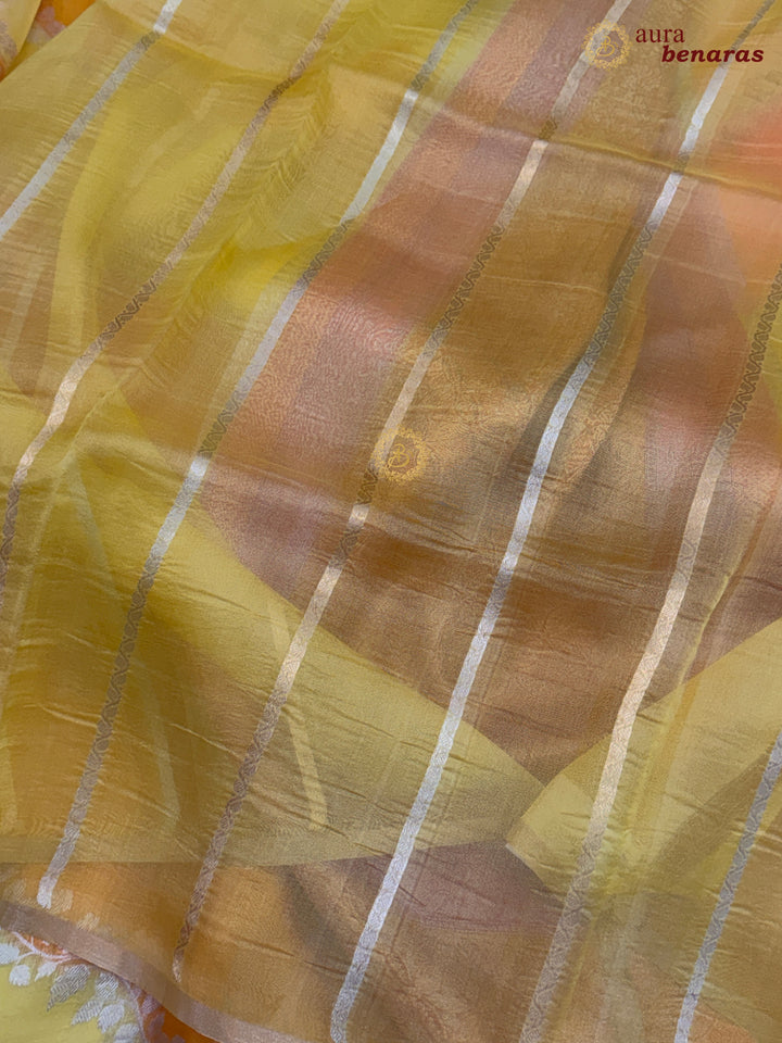 Yellow and Orange Rangkaat Banarasi Handloom Kora Silk Saree 