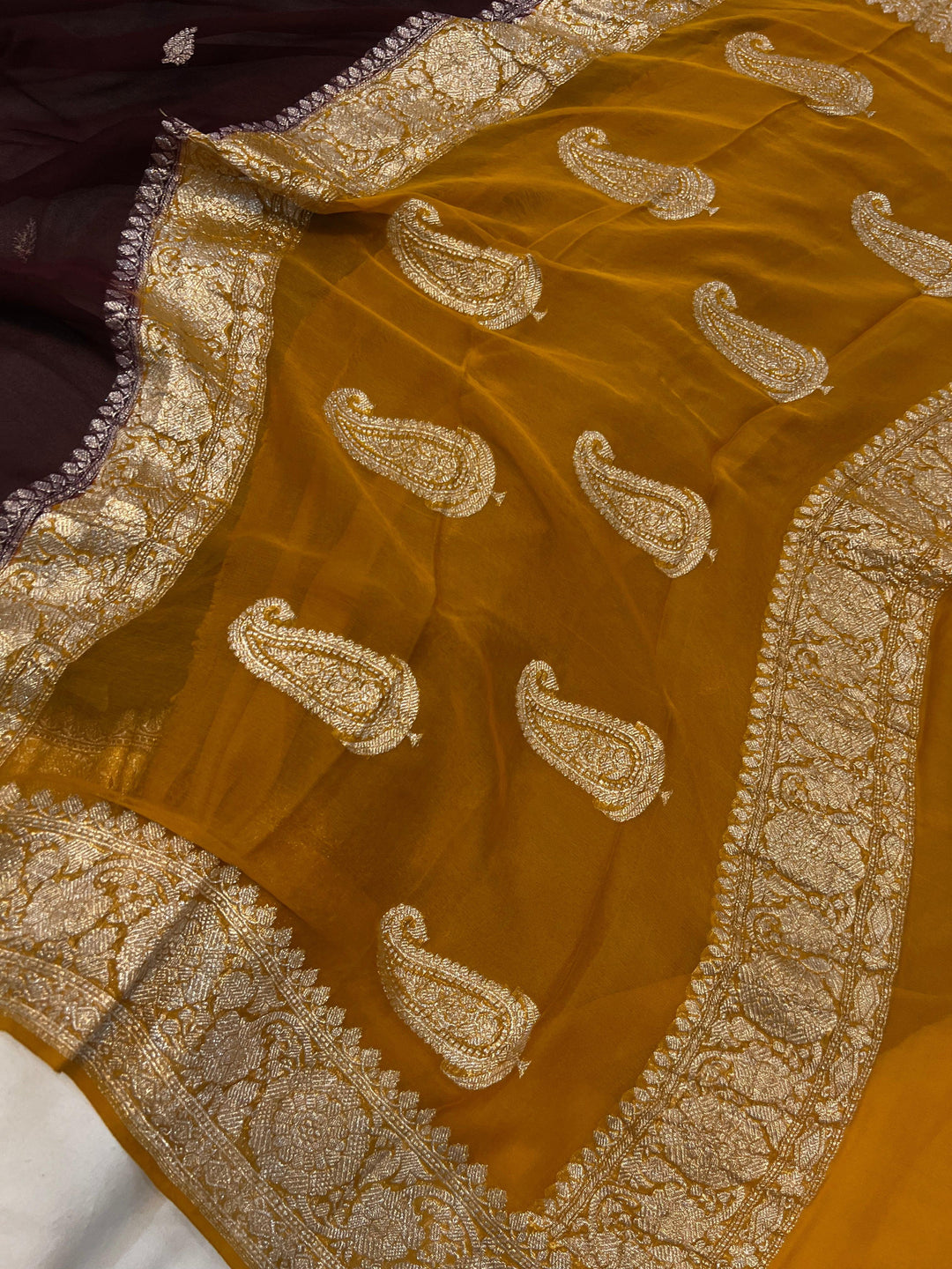 Coffee Brown Khaddi Chiffon Banarasi Handloom Saree - Aura Benaras