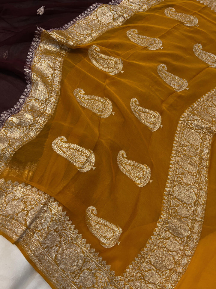 Coffee Brown Khaddi Chiffon Banarasi Handloom Saree - Aura Benaras