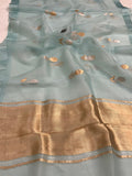Pale Blue Banarasi Handloom Kora Silk Saree - Aura Benaras