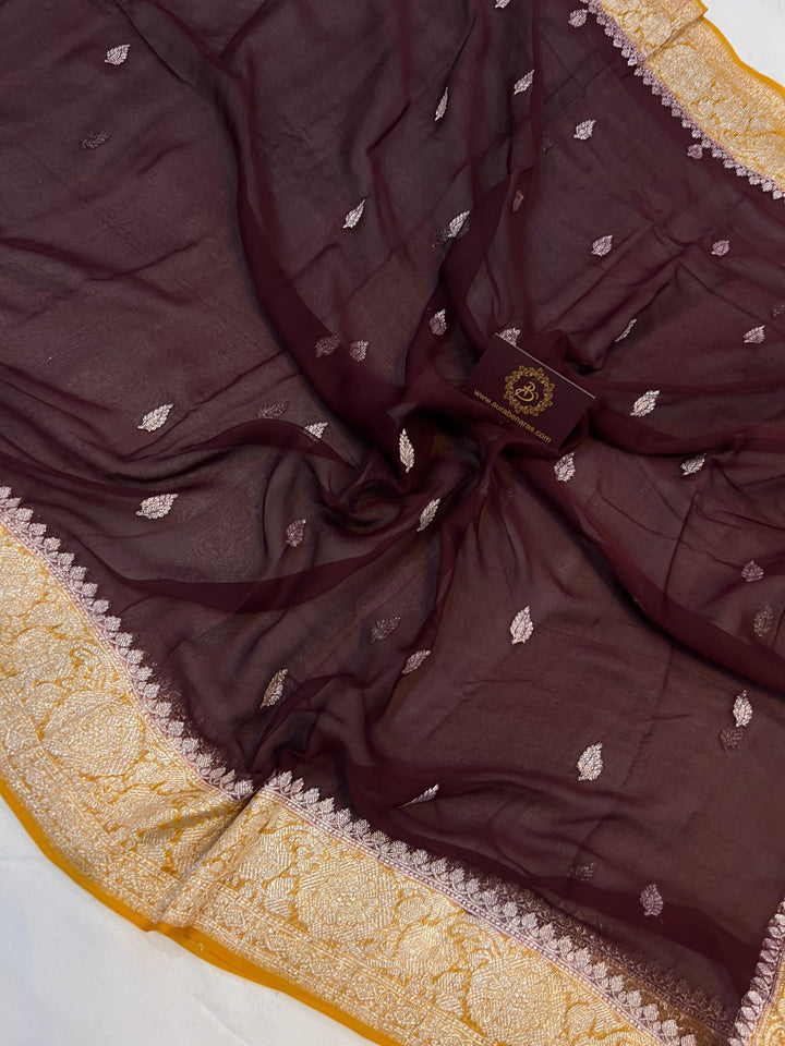 Coffee Brown Khaddi Chiffon Banarasi Handloom Saree - Aura Benaras