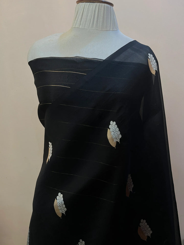 Black Pure Kora Silk Handloom Banarasi Saree