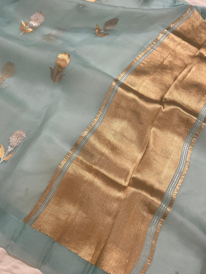 Pale Blue Banarasi Handloom Kora Silk Saree - Aura Benaras