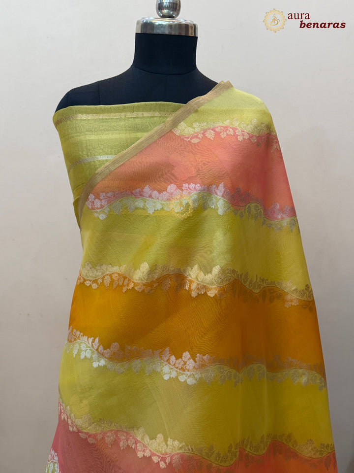 Yellow and Orange Rangkaat Banarasi Handloom Kora Silk Saree 