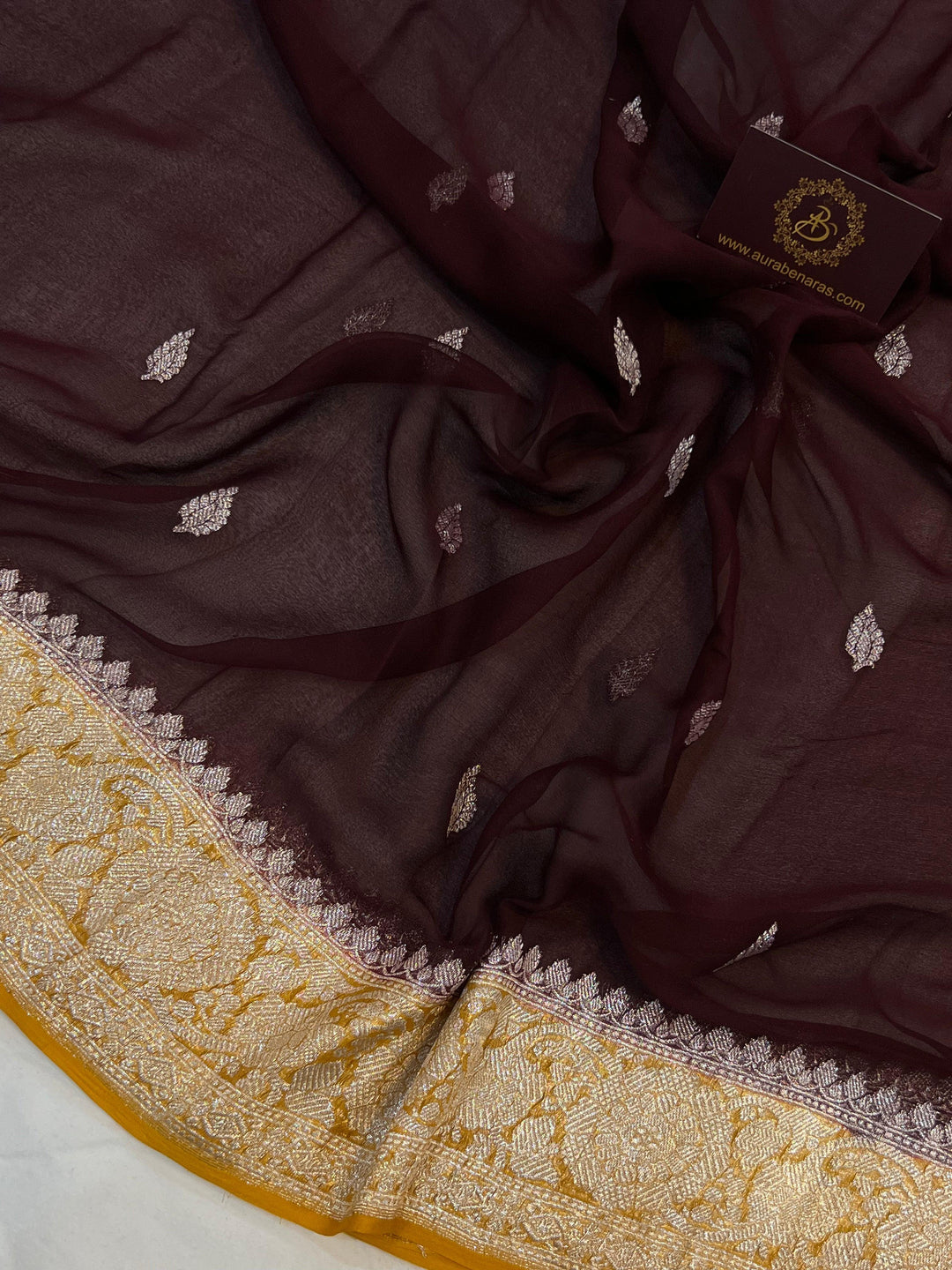 Coffee Brown Khaddi Chiffon Banarasi Handloom Saree - Aura Benaras