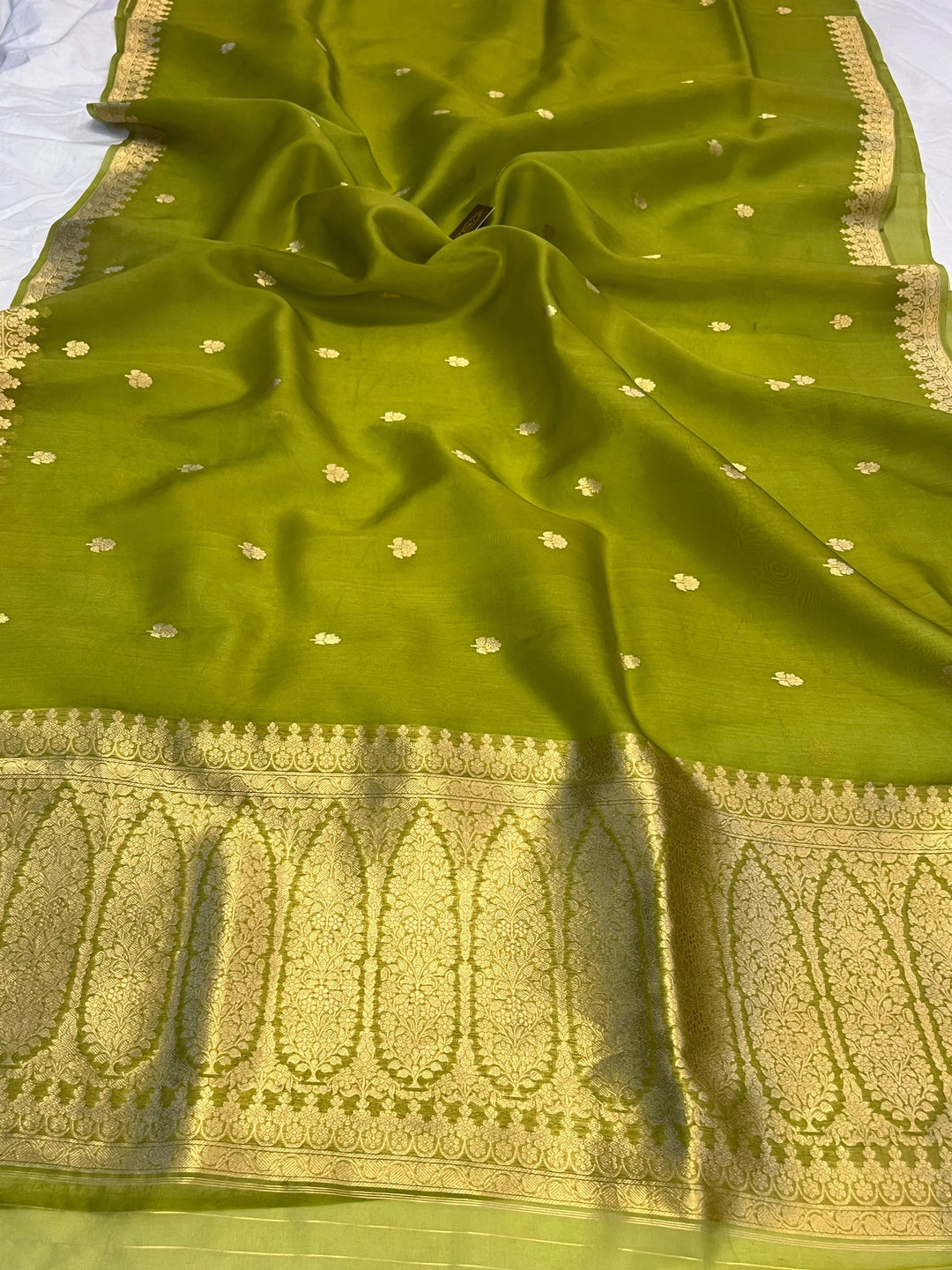 Olive Green Pure Banarasi Handloom Kora Silk Saree