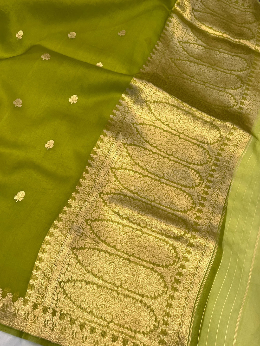 Olive Green Pure Banarasi Handloom Kora Silk Saree