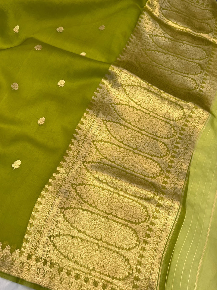 Olive Green Pure Banarasi Handloom Kora Silk Saree