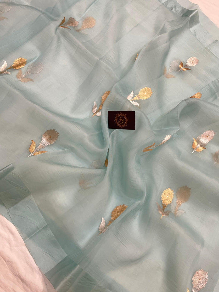 Pale Blue Banarasi Handloom Kora Silk Saree - Aura Benaras