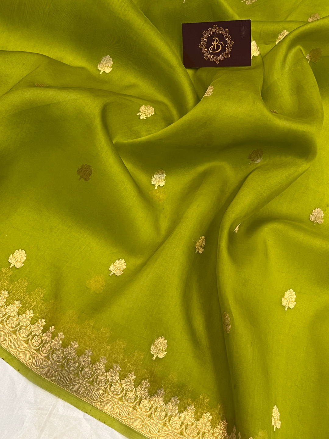 Olive Green Pure Banarasi Handloom Kora Silk Saree