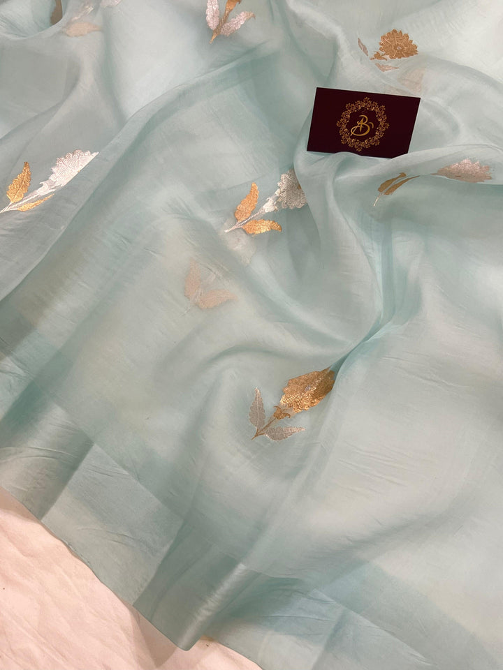 Pale Blue Banarasi Handloom Kora Silk Saree - Aura Benaras