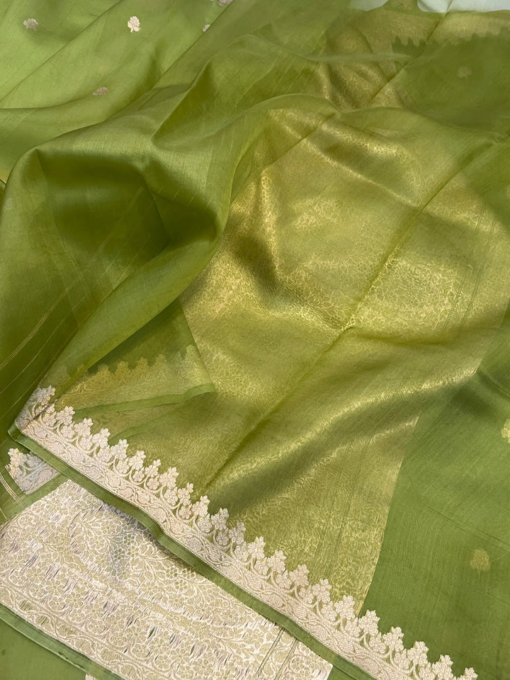 Olive Green Pure Banarasi Handloom Kora Silk Saree