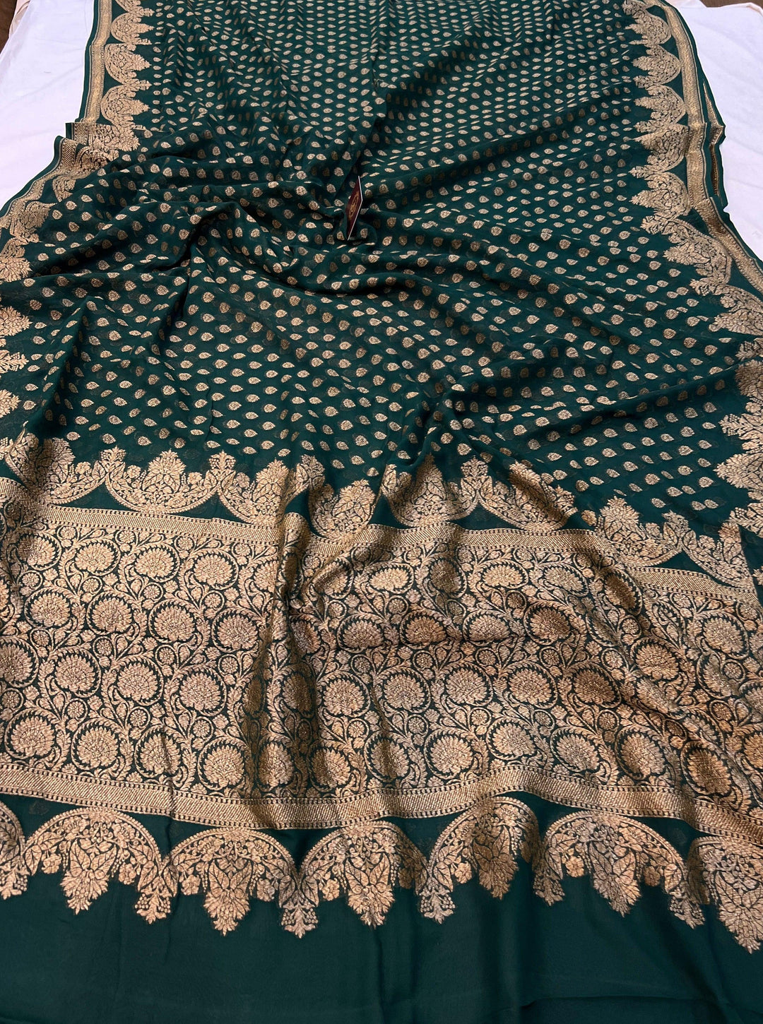 Bottle Green Banarasi Handloom Pure Khaddi Georgette Silk Saree - Aura Beranas