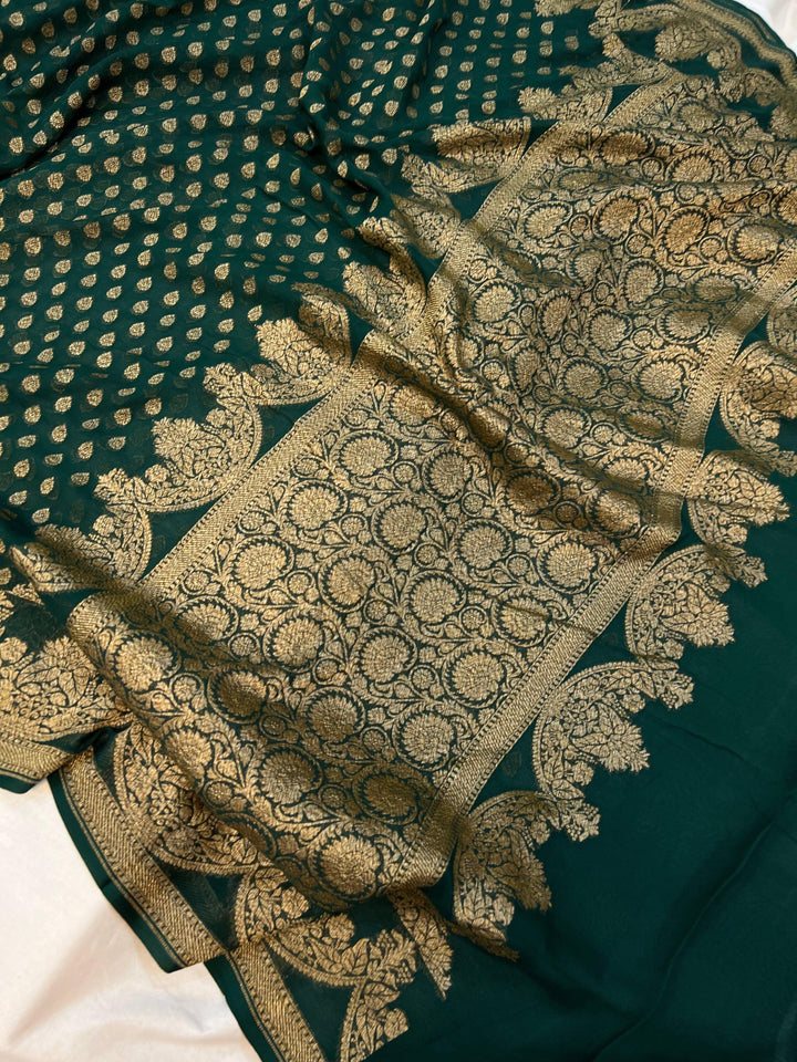 Bottle Green Banarasi Handloom Pure Khaddi Georgette Silk Saree - Aura Beranas