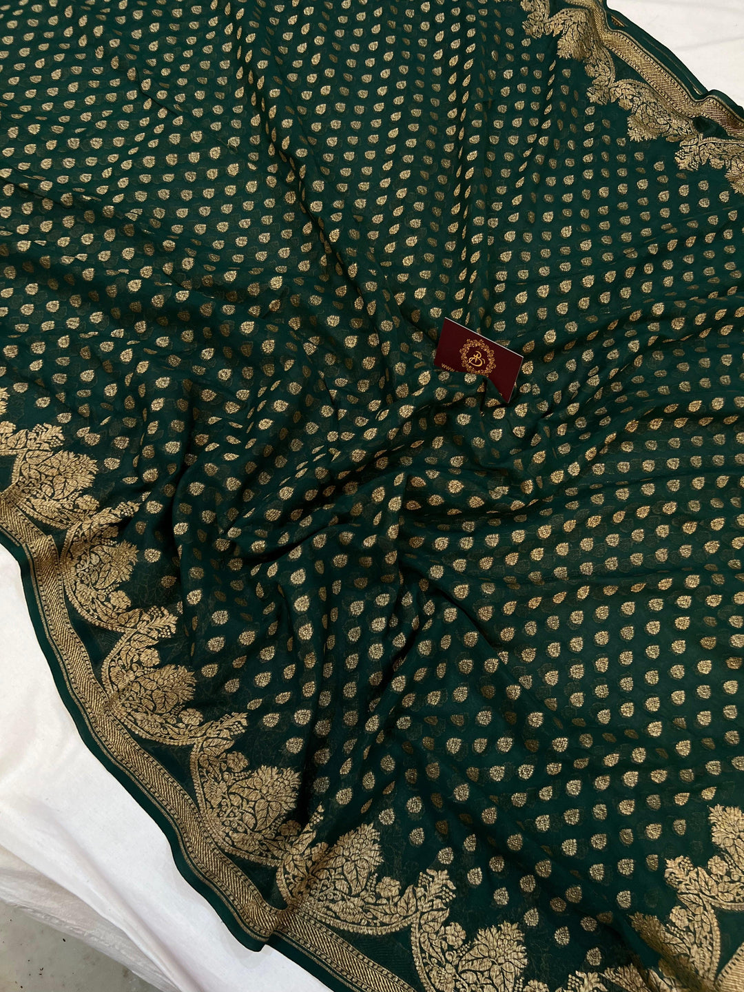 Bottle Green Banarasi Handloom Pure Khaddi Georgette Silk Saree - Aura Beranas