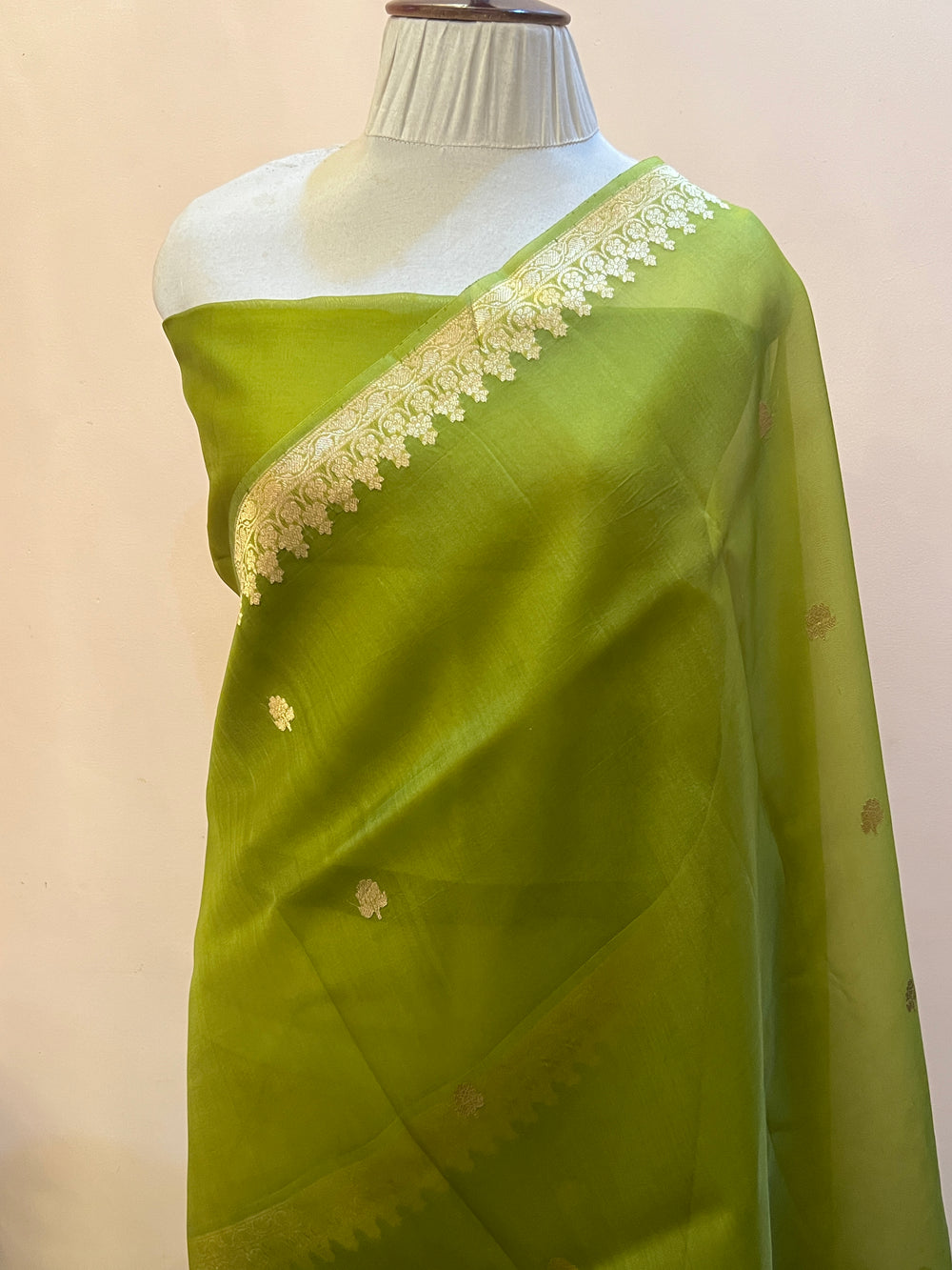 Olive Green Pure Banarasi Handloom Kora Silk Saree
