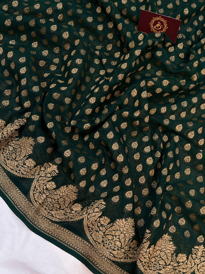 Bottle Green Banarasi Handloom Pure Khaddi Georgette Silk Saree - Aura Beranas