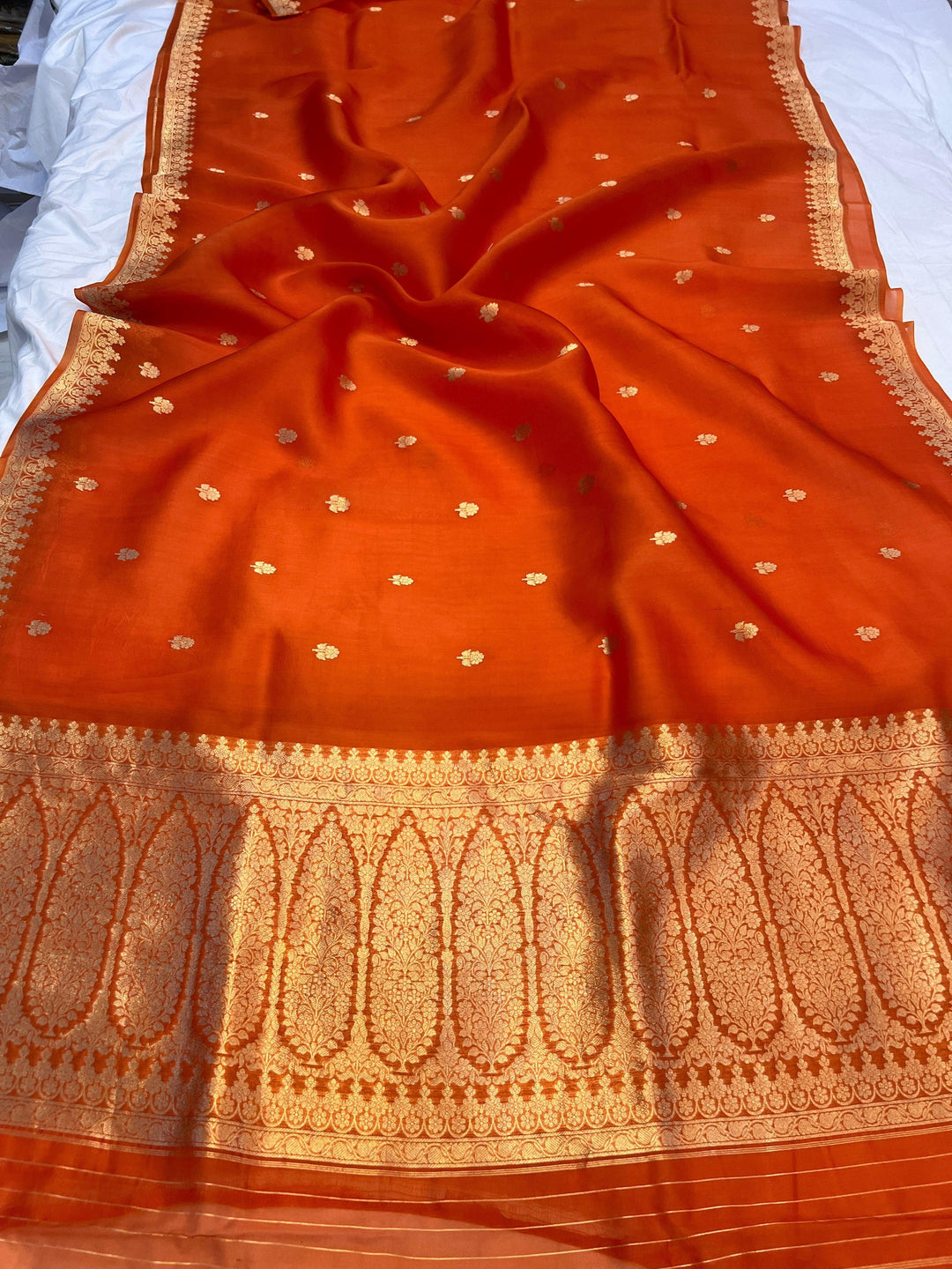 Orange Pure Banarasi Handloom Kora Silk Saree