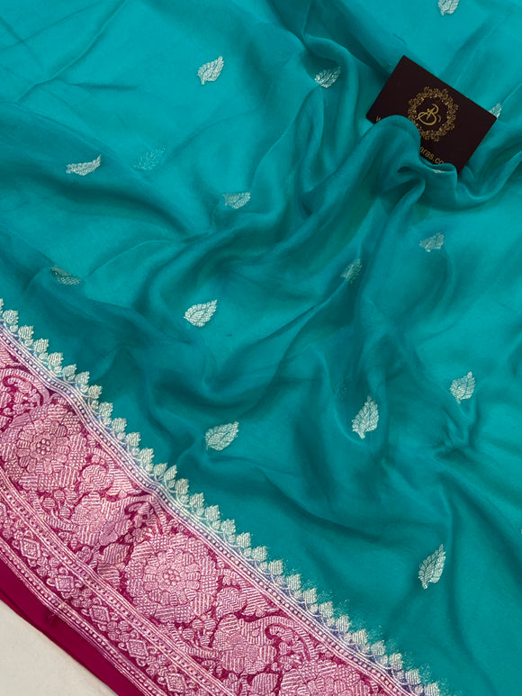 Turquoise Blue Khaddi Chiffon Banarasi Handloom Saree - Aura Benaras