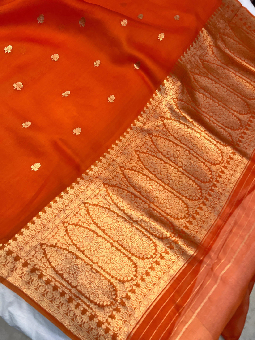 Orange Pure Banarasi Handloom Kora Silk Saree