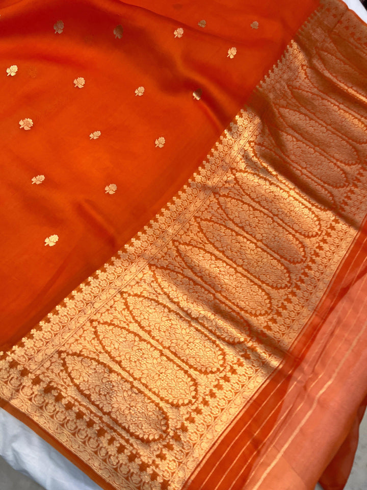 Orange Pure Banarasi Handloom Kora Silk Saree