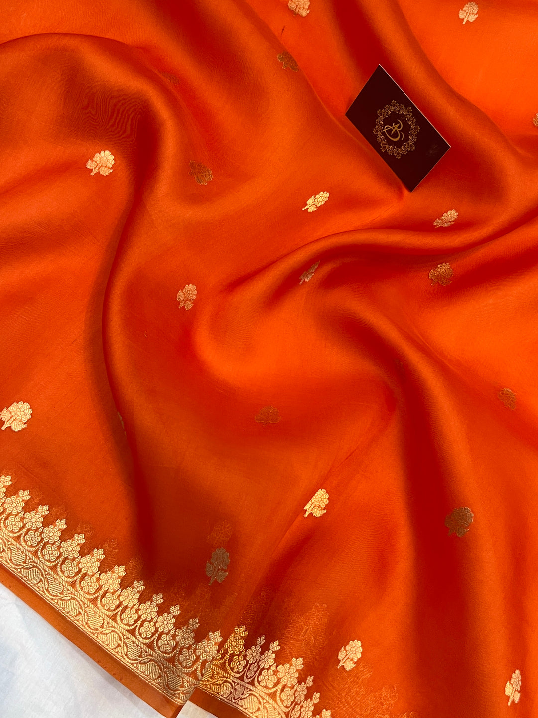 Orange Pure Banarasi Handloom Kora Silk Saree