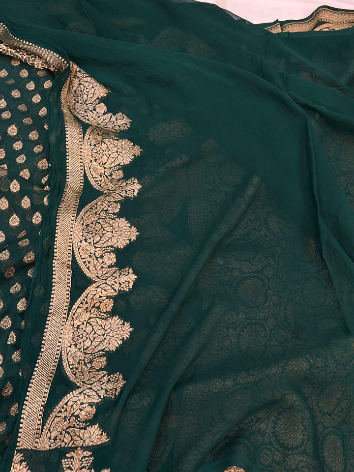 Bottle Green Banarasi Handloom Pure Khaddi Georgette Silk Saree - Aura Beranas