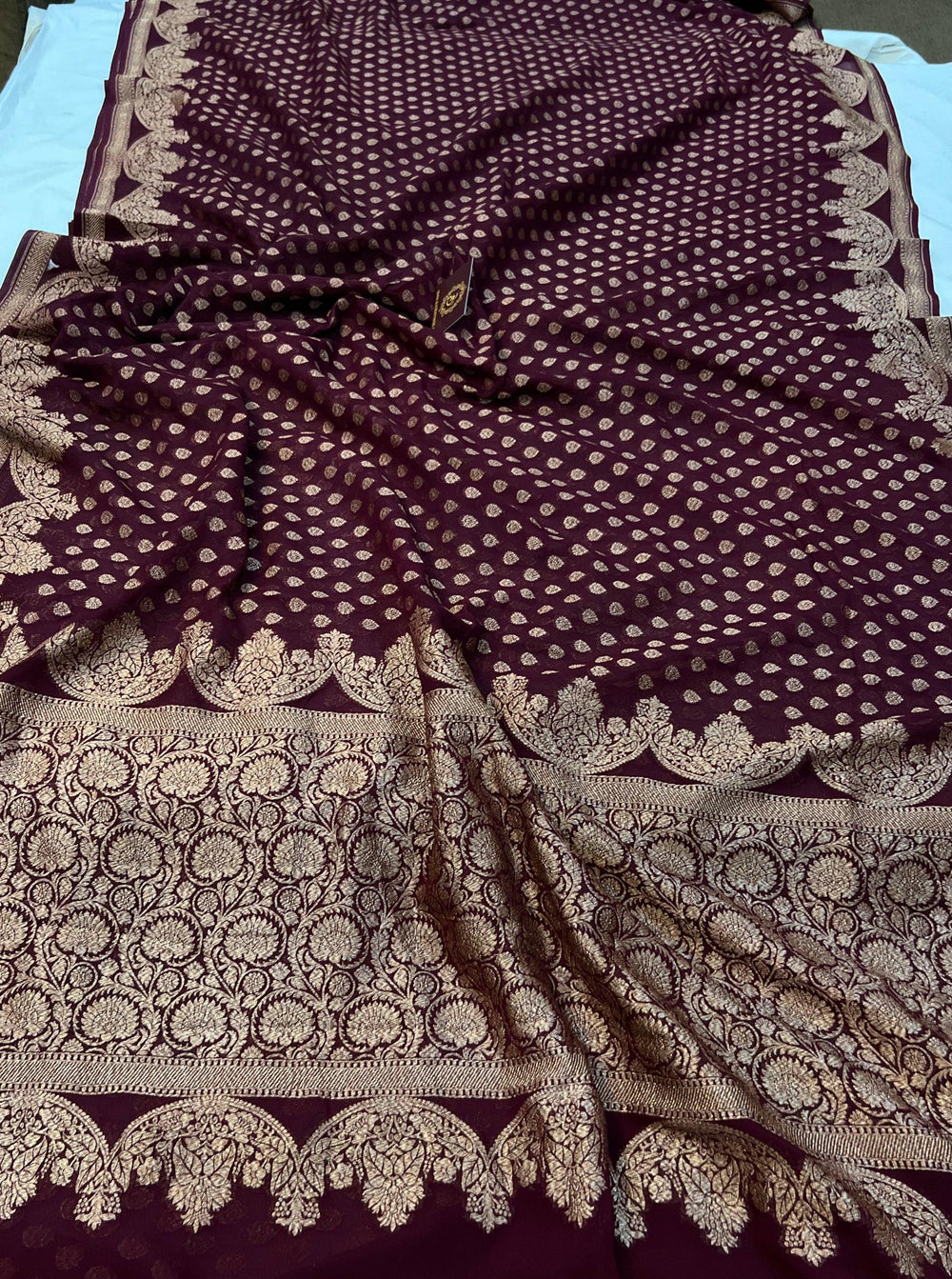 Deep Maroon Pure Banarasi Khaddi Georgette Saree - Aura Beranas