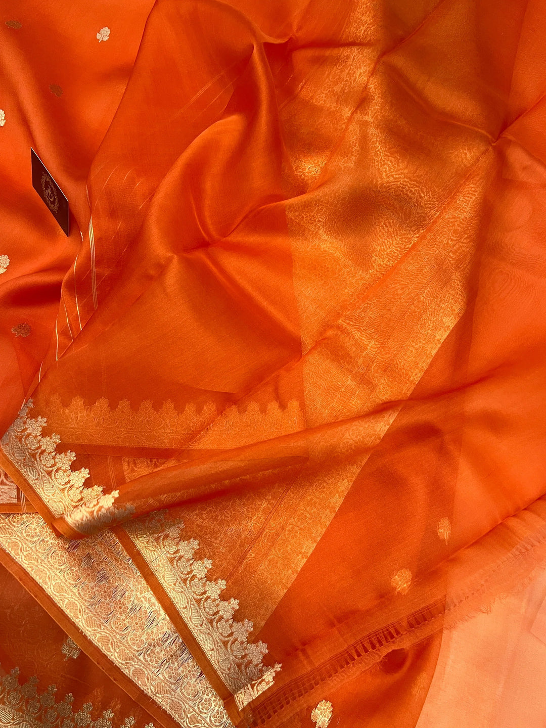 Orange Pure Banarasi Handloom Kora Silk Saree