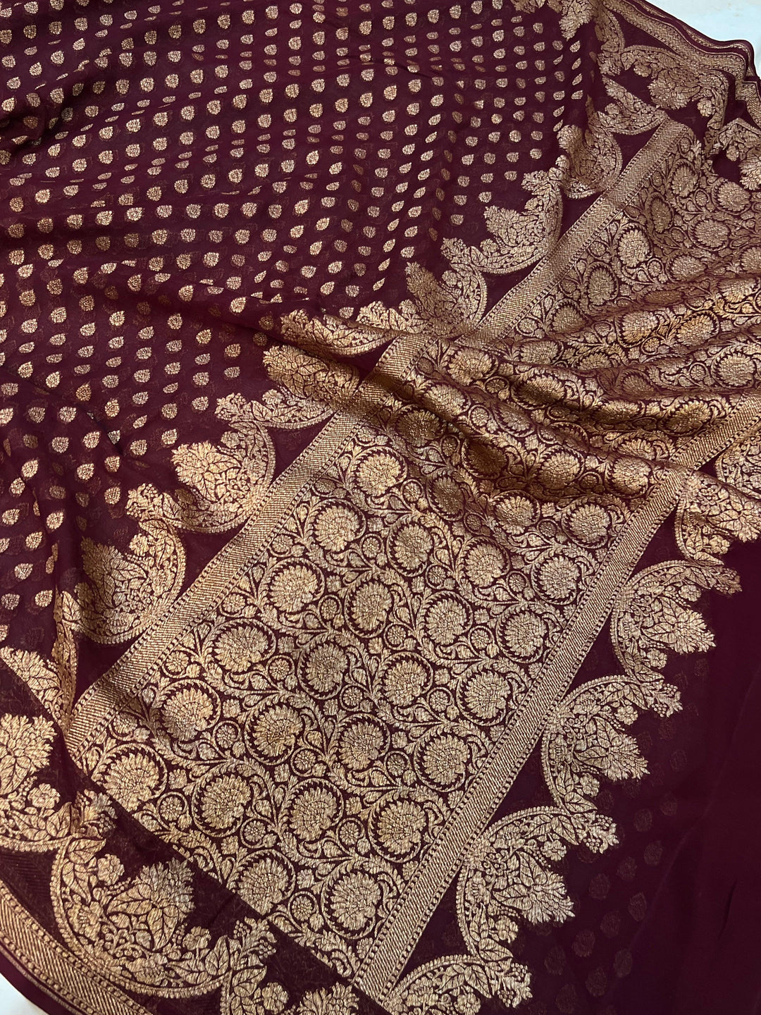 Deep Maroon Pure Banarasi Khaddi Georgette Saree - Aura Beranas
