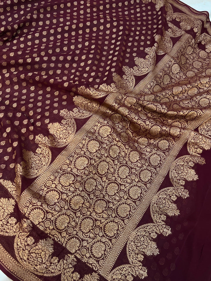 Deep Maroon Pure Banarasi Khaddi Georgette Saree - Aura Beranas