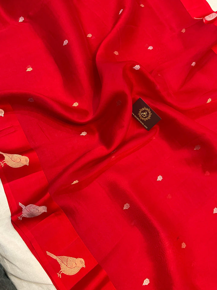 Red Banarasi Handloom Kora Silk Saree | Kadhwa Weave | Aura Benaras