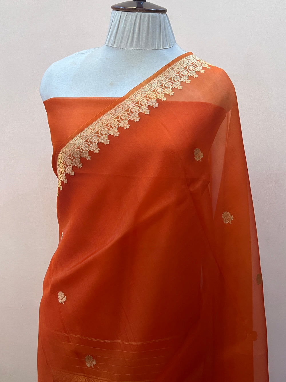 Orange Pure Banarasi Handloom Kora Silk Saree