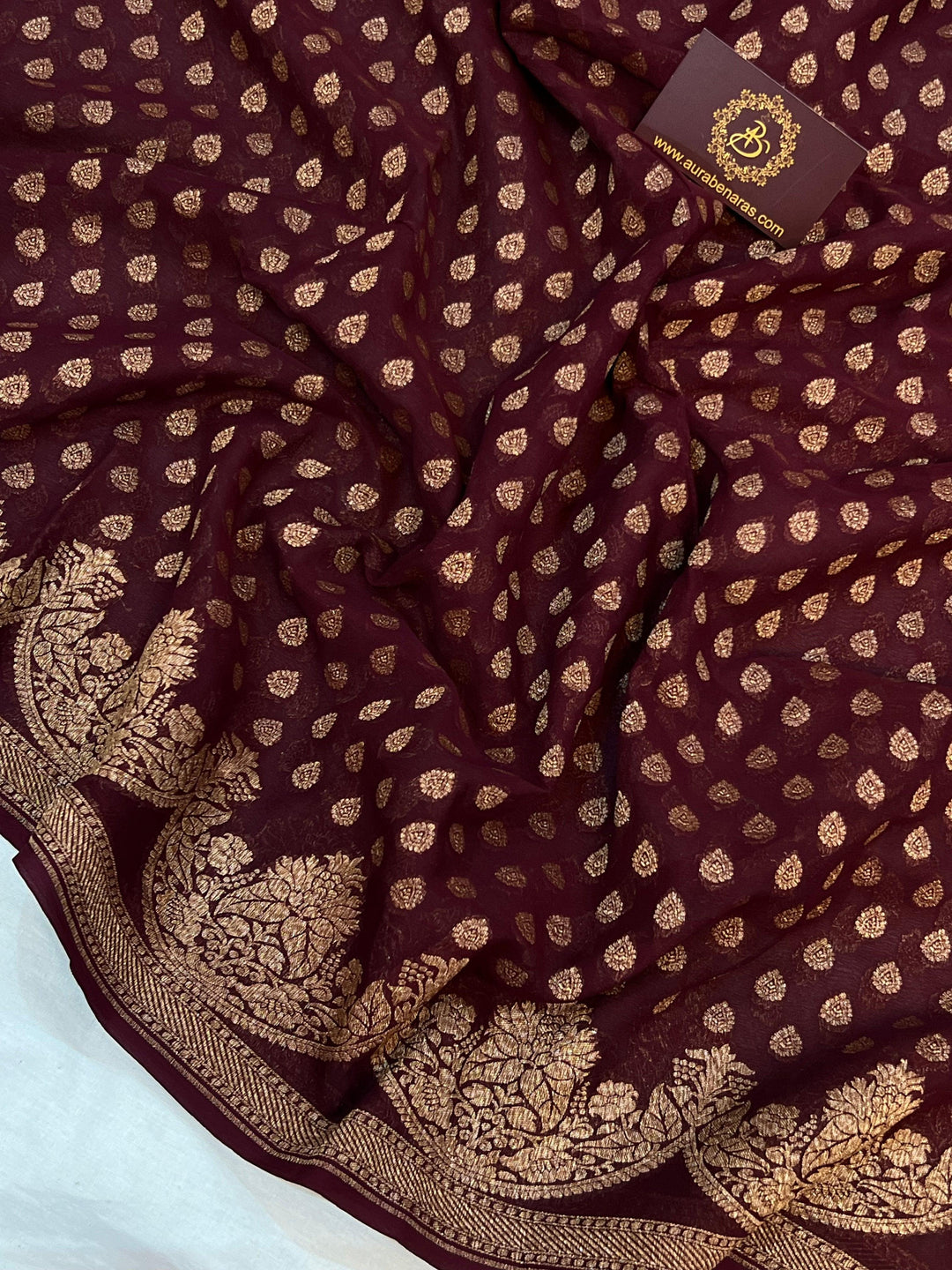 Deep Maroon Pure Banarasi Khaddi Georgette Saree - Aura Beranas