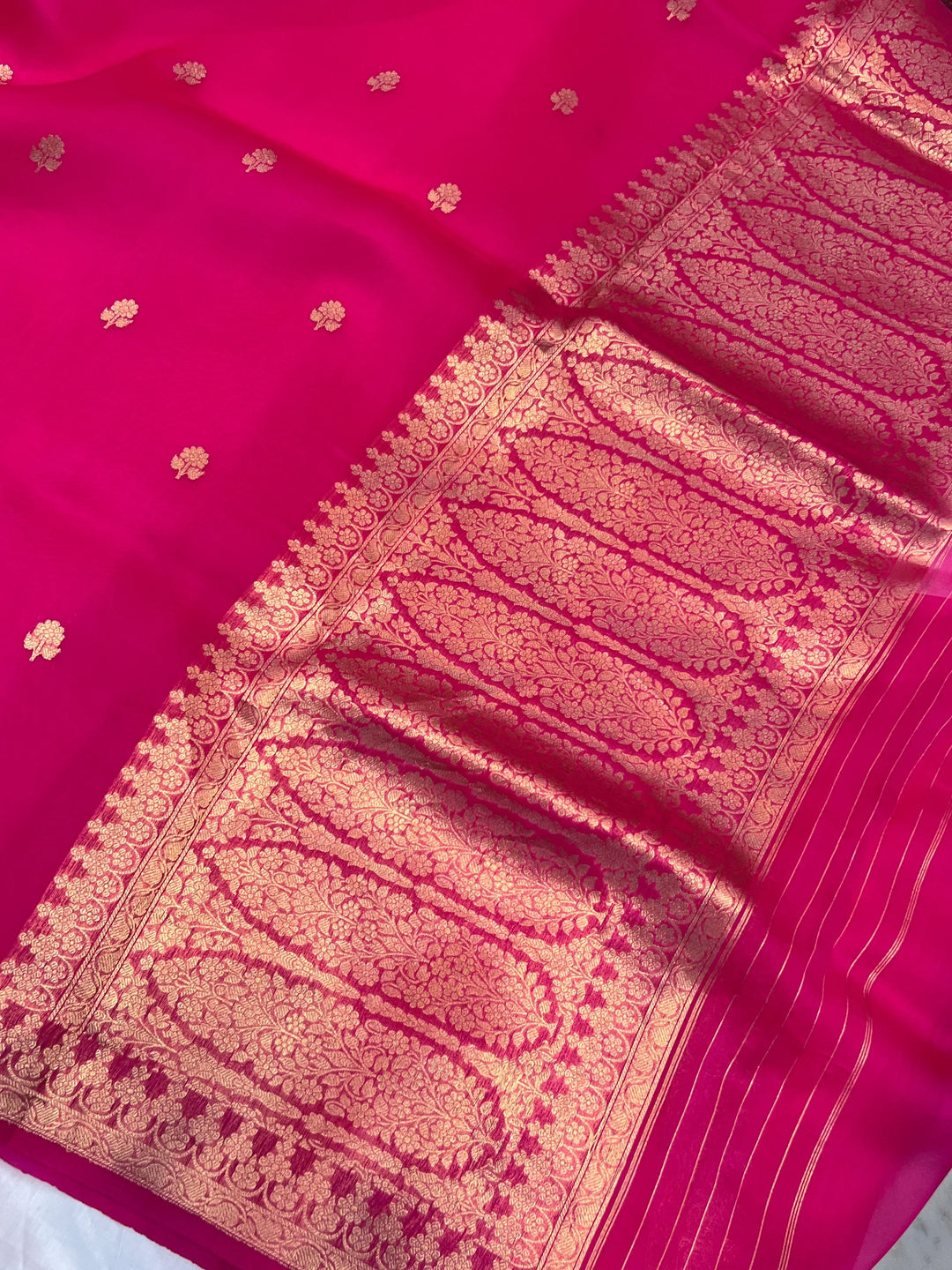 Rani Pink Pure Banarasi Handloom Kora Silk Saree