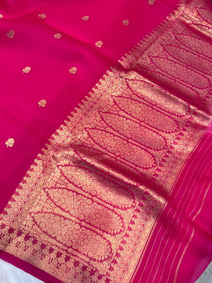 Rani Pink Pure Banarasi Handloom Kora Silk Saree
