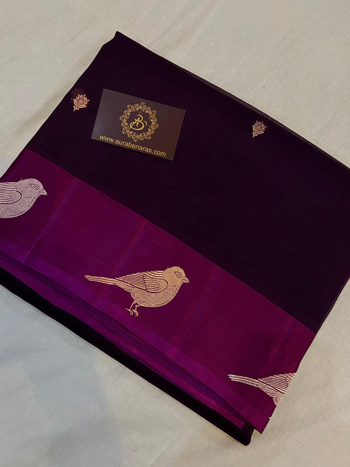 Wine Banarasi Handloom Kora Silk Saree | Kadhwa Weave | Aura Benaras