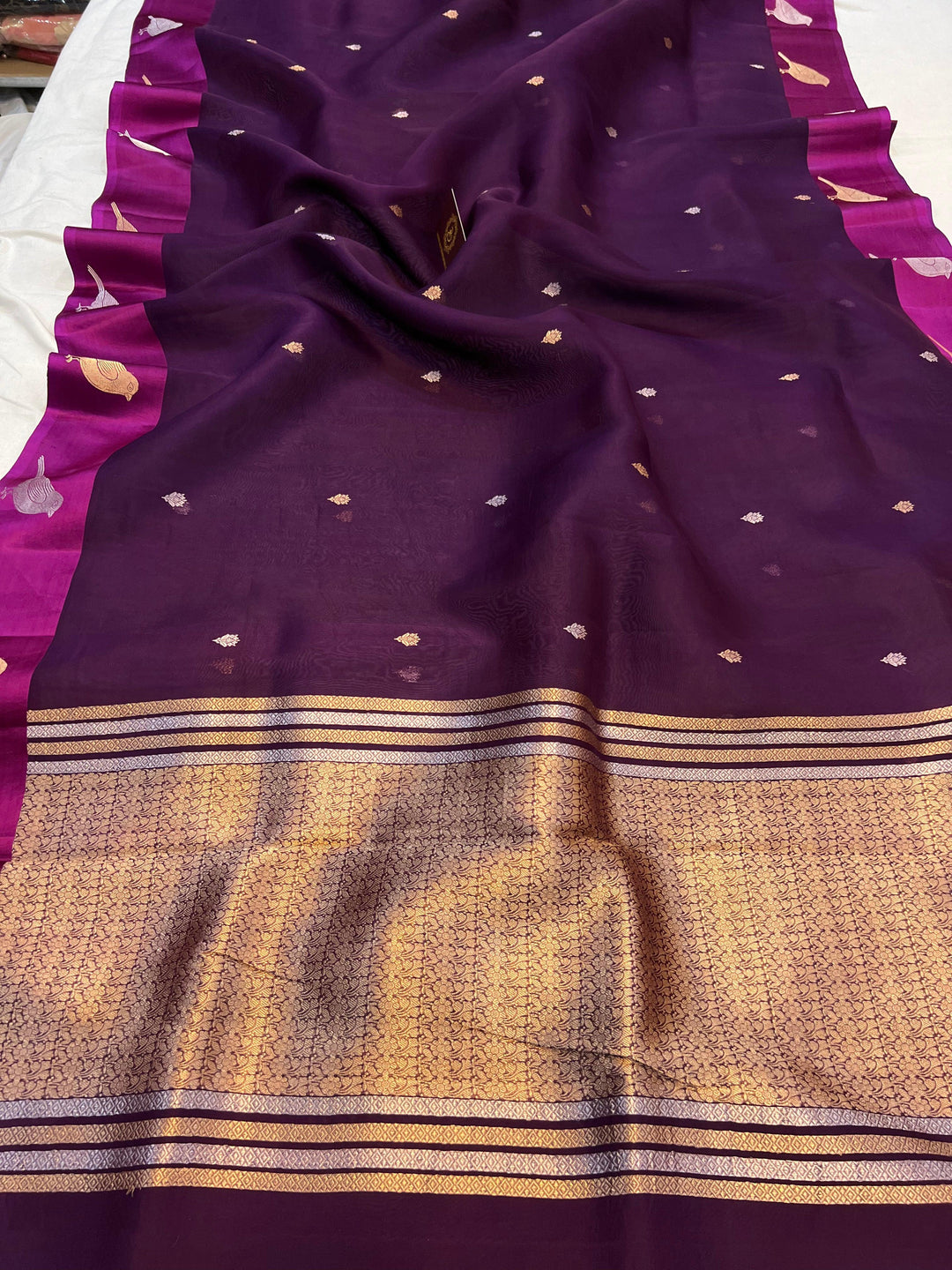 Wine Banarasi Handloom Kora Silk Saree | Kadhwa Weave | Aura Benaras